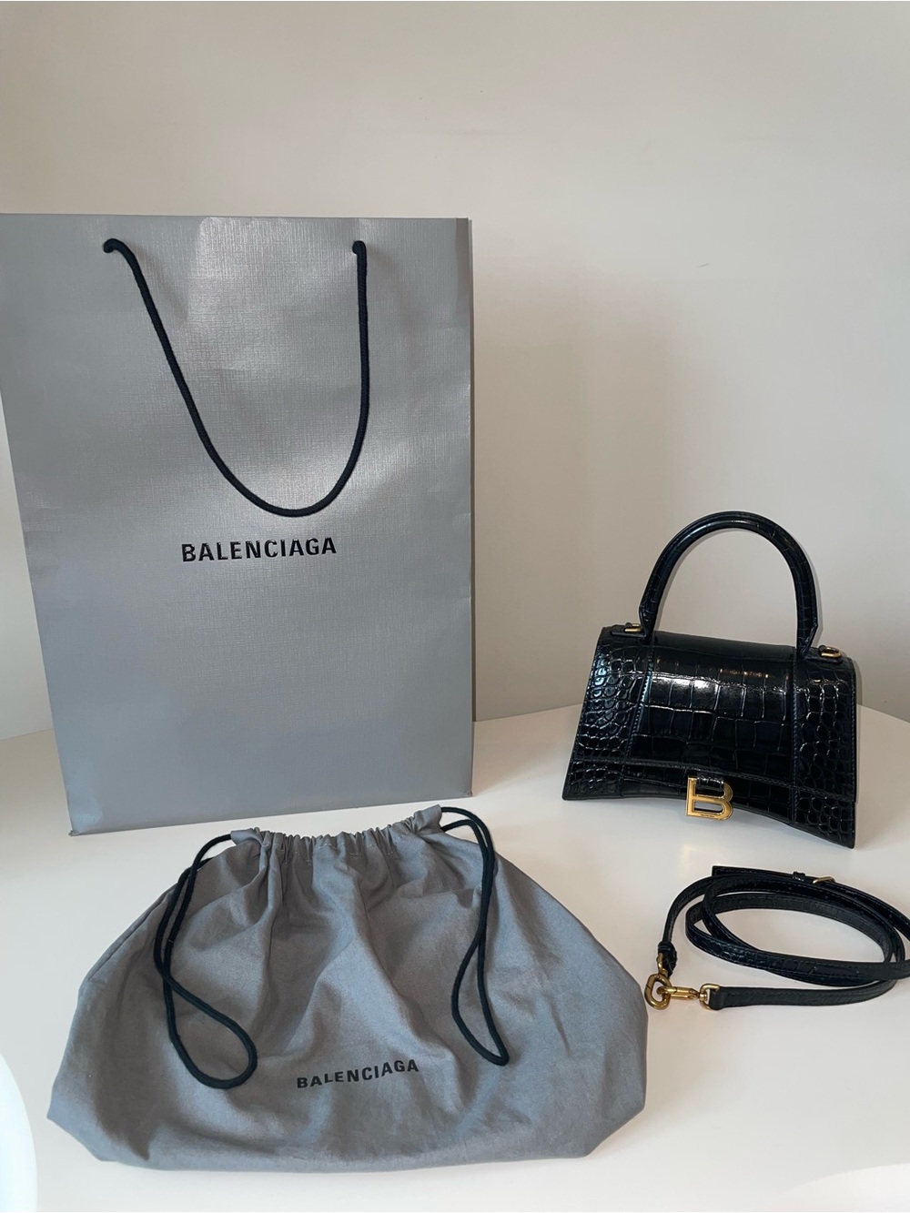 Balenciaga Black Croc-Embossed Hourglass Bag with Gold 'B' Hardware